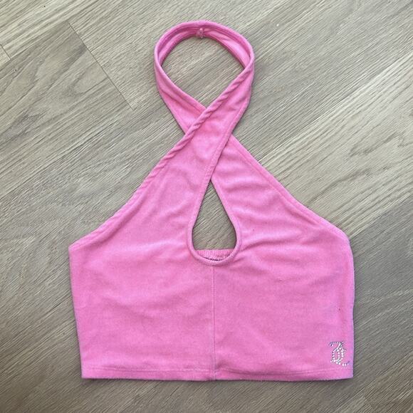 JUICY COUTURE Pink Embellished Cotton Blend Terricloth Crop Twist Neckline Top - Picture 2 of 7